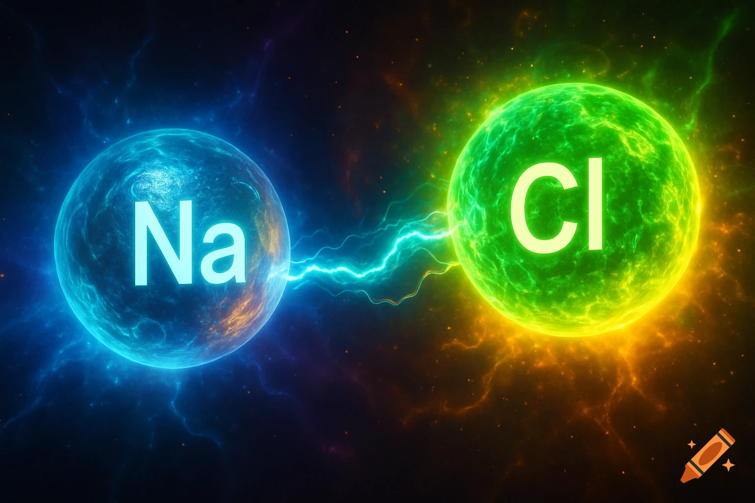 Stylized blue 'Na' and green 'Cl' atoms connected by a glowing energy arc in a dark, starry background.