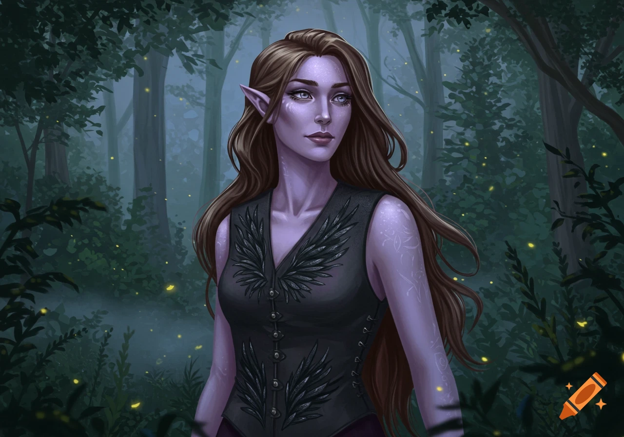 A pale purple-skinned female elf with long brown hair wears a charcoal vest, standing in a dark, misty forest with glowing fireflies.