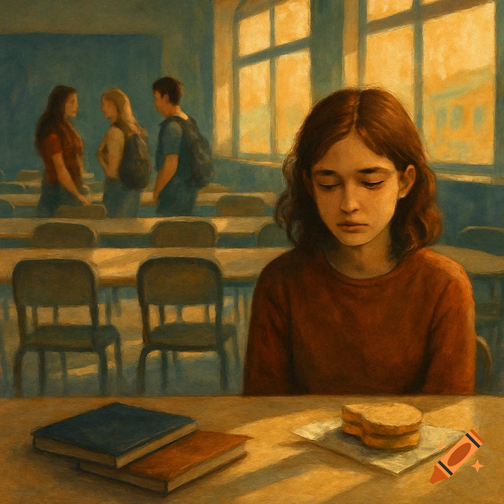A sad girl sits alone at a desk in a classroom with a sandwich and books, while other students talk in the background, in a painterly style.