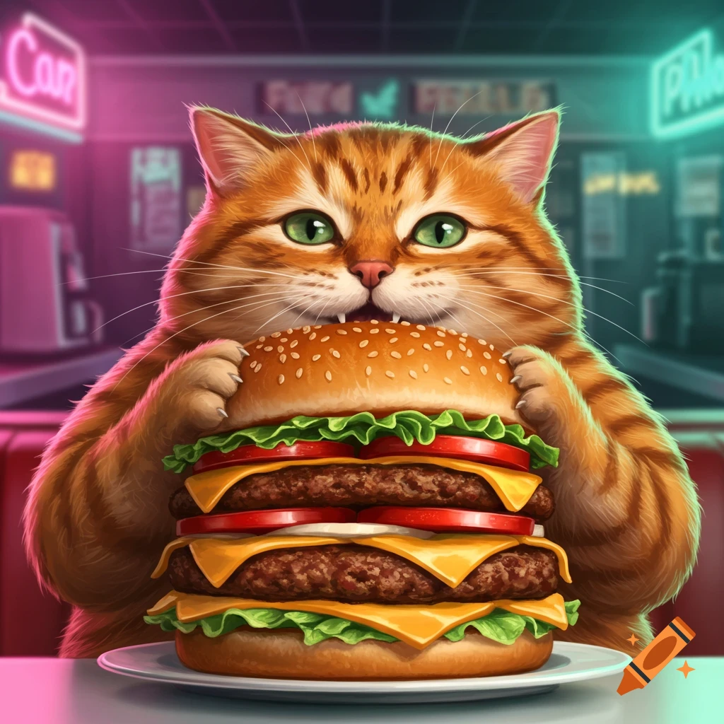 A fluffy orange cat with green eyes eagerly takes a bite out of a massive double cheeseburger in a neon-lit diner.