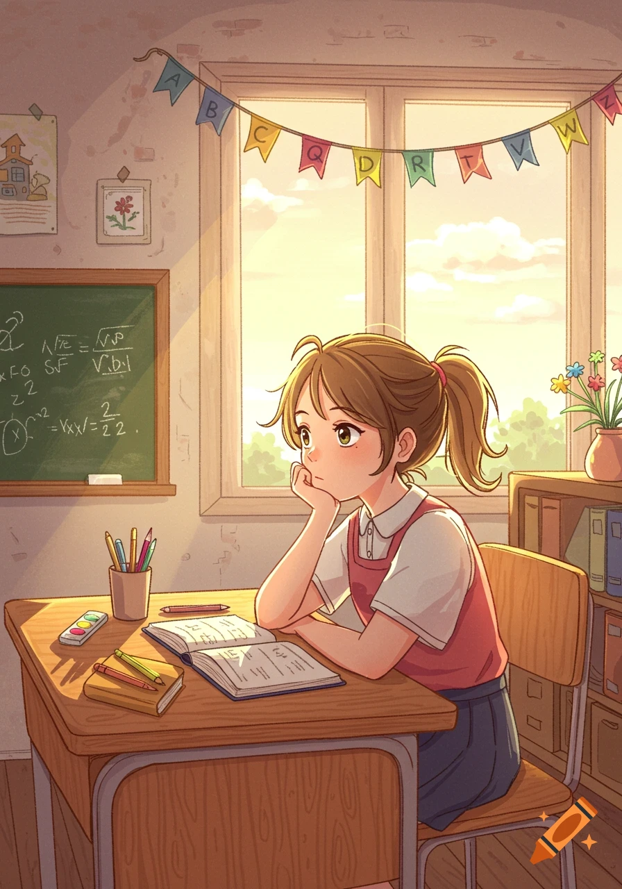 A sweet anime-style illustration of a young girl with pigtails, wearing a red pinafore, sitting at a wooden desk in a sunlit classroom, looking thoughtful while studying. A blackboard with scribbles and a banner with letters hang in the background.