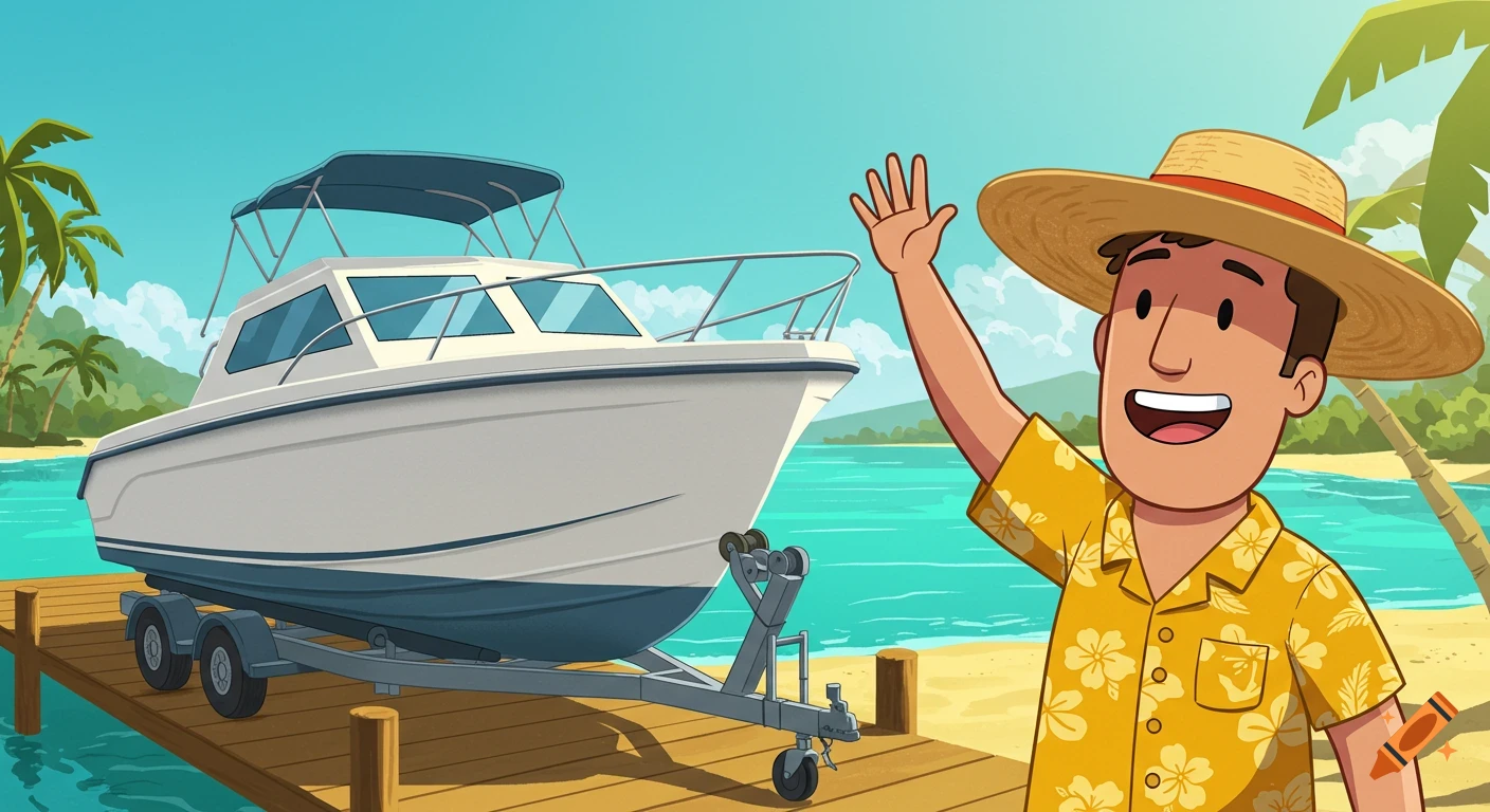 A cheerful cartoon man in a straw hat and Hawaiian shirt waves next to his boat on a trailer, on a wooden dock by a tropical beach.