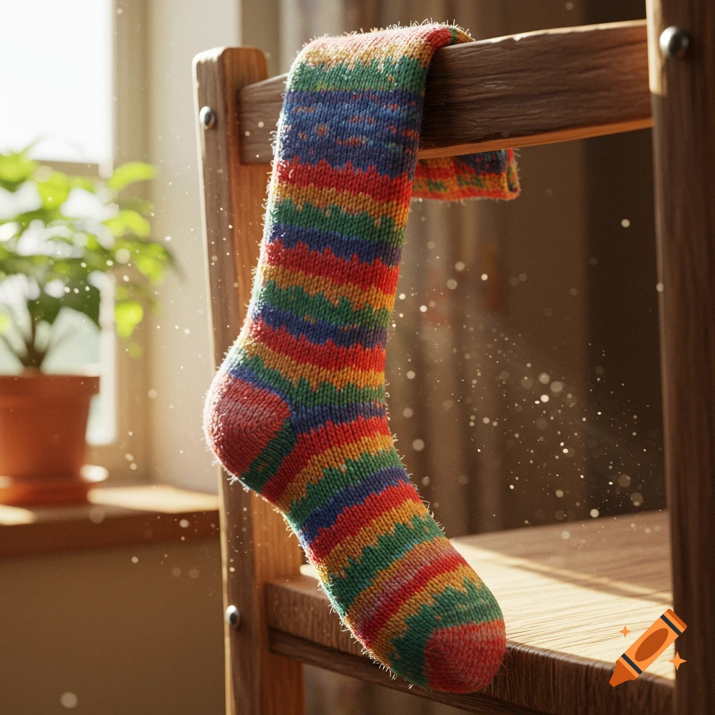 A vibrantly striped rainbow-colored knitted sock hangs on a wooden chair, bathed in sunlight with visible dust motes.