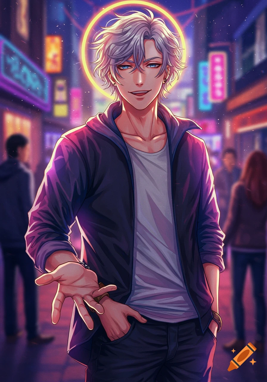 A smiling young anime man with platinum hair and blue eyes, wearing a hoodie, extends a hand on a neon-lit city street at night.