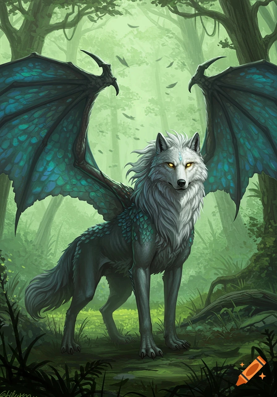 A majestic white and teal winged wolf-like creature with glowing yellow eyes stands in a lush green forest, digital painting.