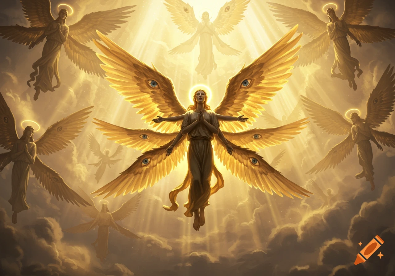 A central golden-winged angel with multiple eyes and arms floats amidst glowing clouds, surrounded by other celestial angels.