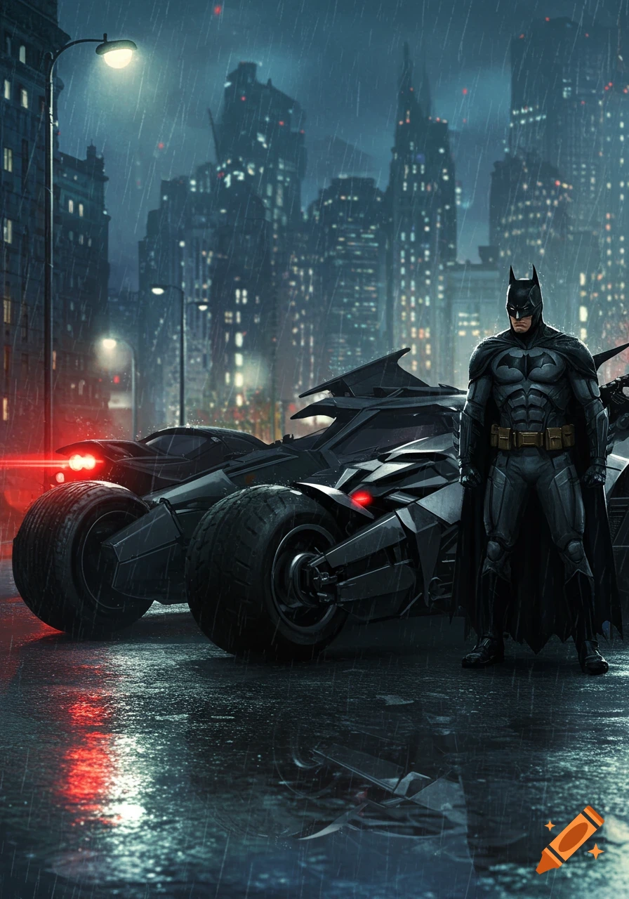 Batman stands with two Batmobiles in a rainy, dark city street.