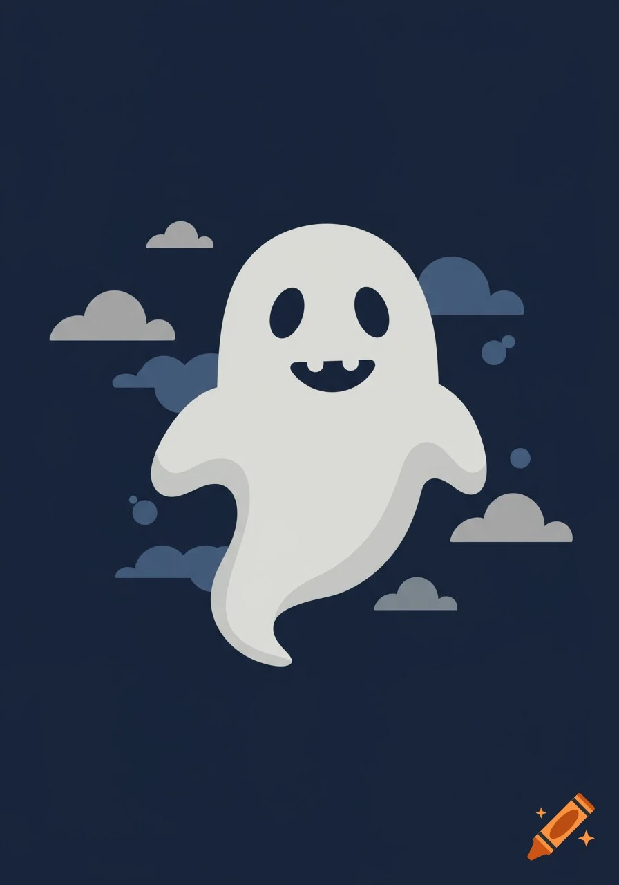 A friendly, smiling white ghost with dark eyes and a two-toothed smile, floating against a dark blue background with stylized clouds. Flat illustration.