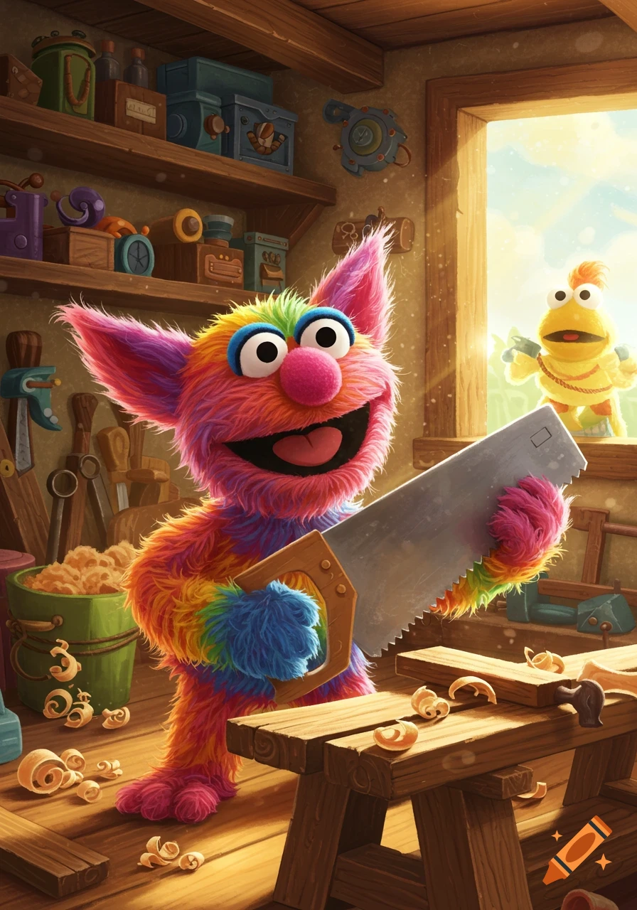 A colorful, furry muppet-like creature smiles, holding a saw in a wooden workshop. A yellow muppet peeks from a sunlit doorway.
