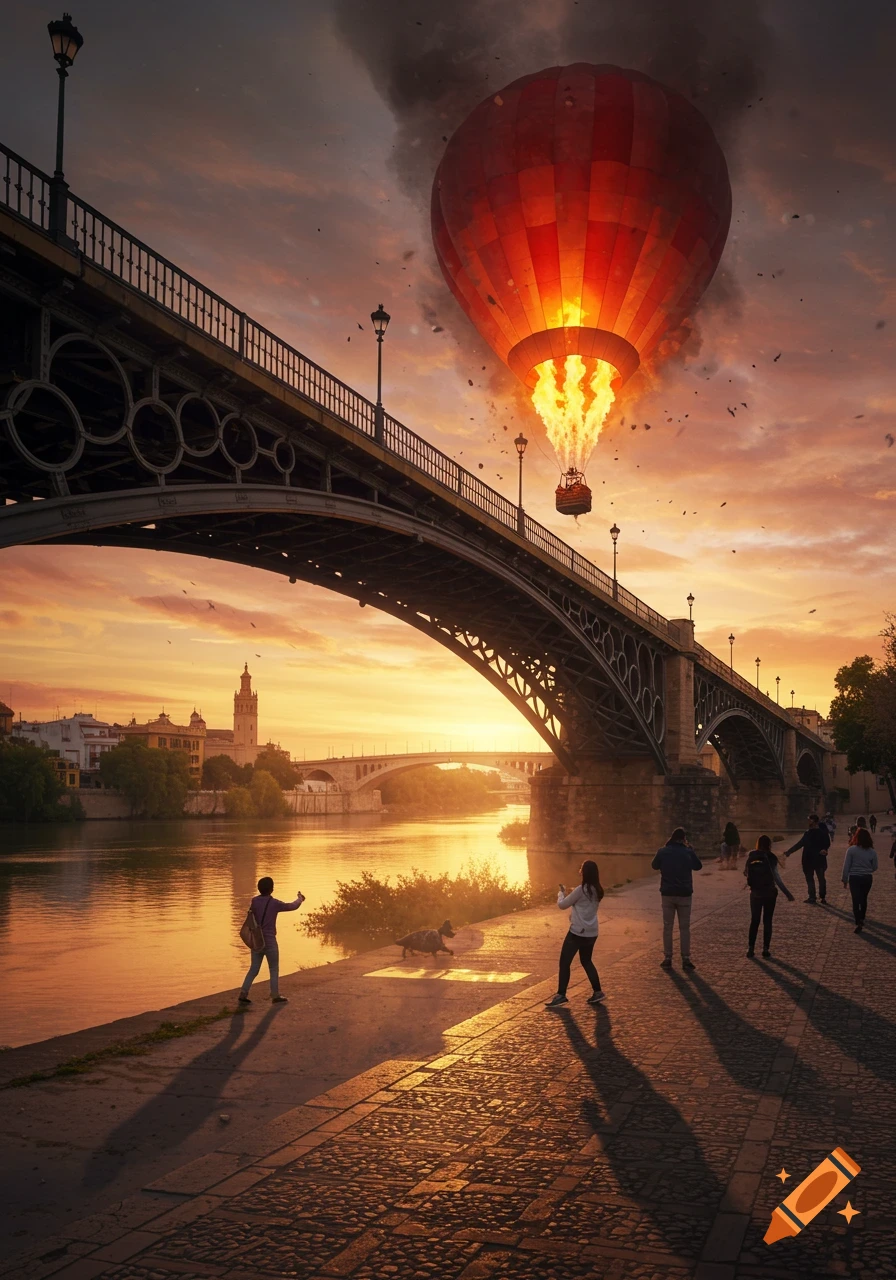 A hot air balloon ablaze and falling over the Puente de Triana bridge at sunset, with a river and city skyline below, and people observing.