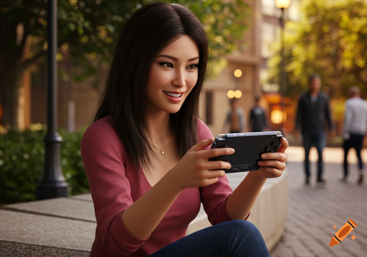 A smiling young woman with dark hair plays a handheld gaming console outdoors in a photorealistic style.