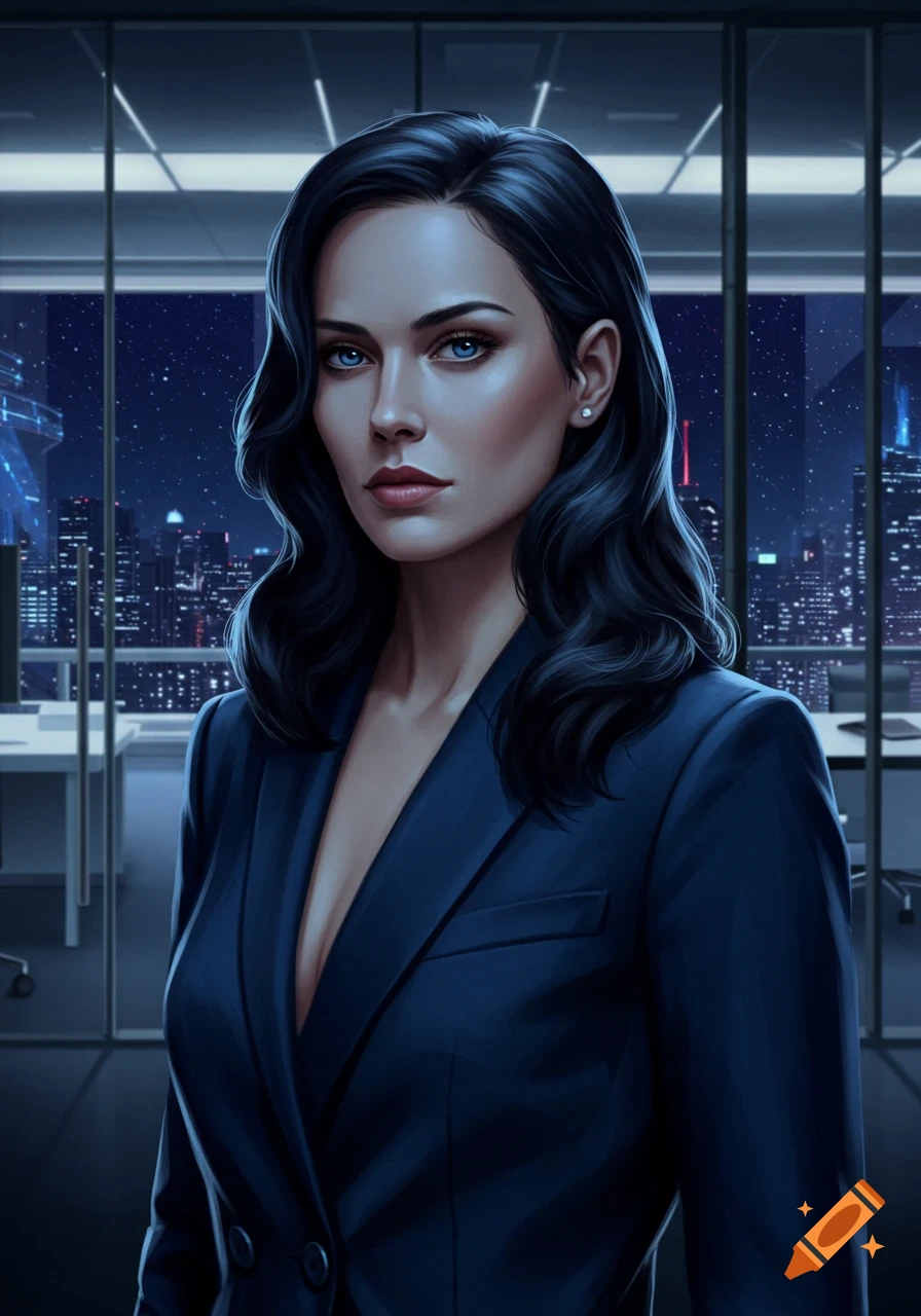Digital art portrait of a dark-haired woman in a navy suit against a city night view from an office.