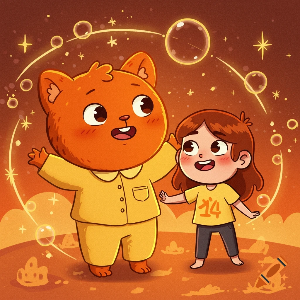 A happy orange cat-like cartoon character in yellow pajamas with a girl in a yellow "14" t-shirt, surrounded by glowing bubbles and stars.