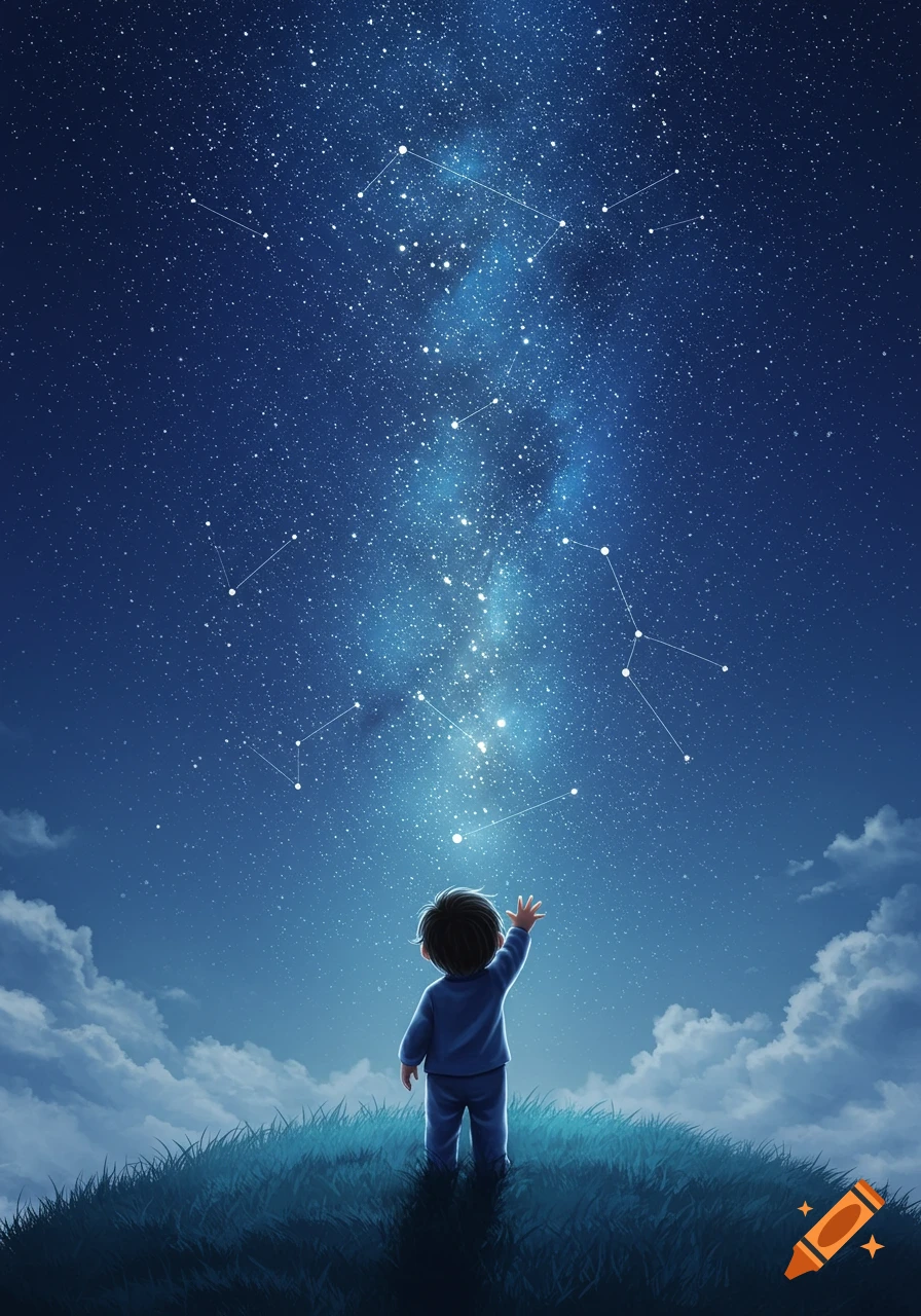 Illustrated child on a grassy hill reaching up towards a brilliant night sky filled with stars and constellations.