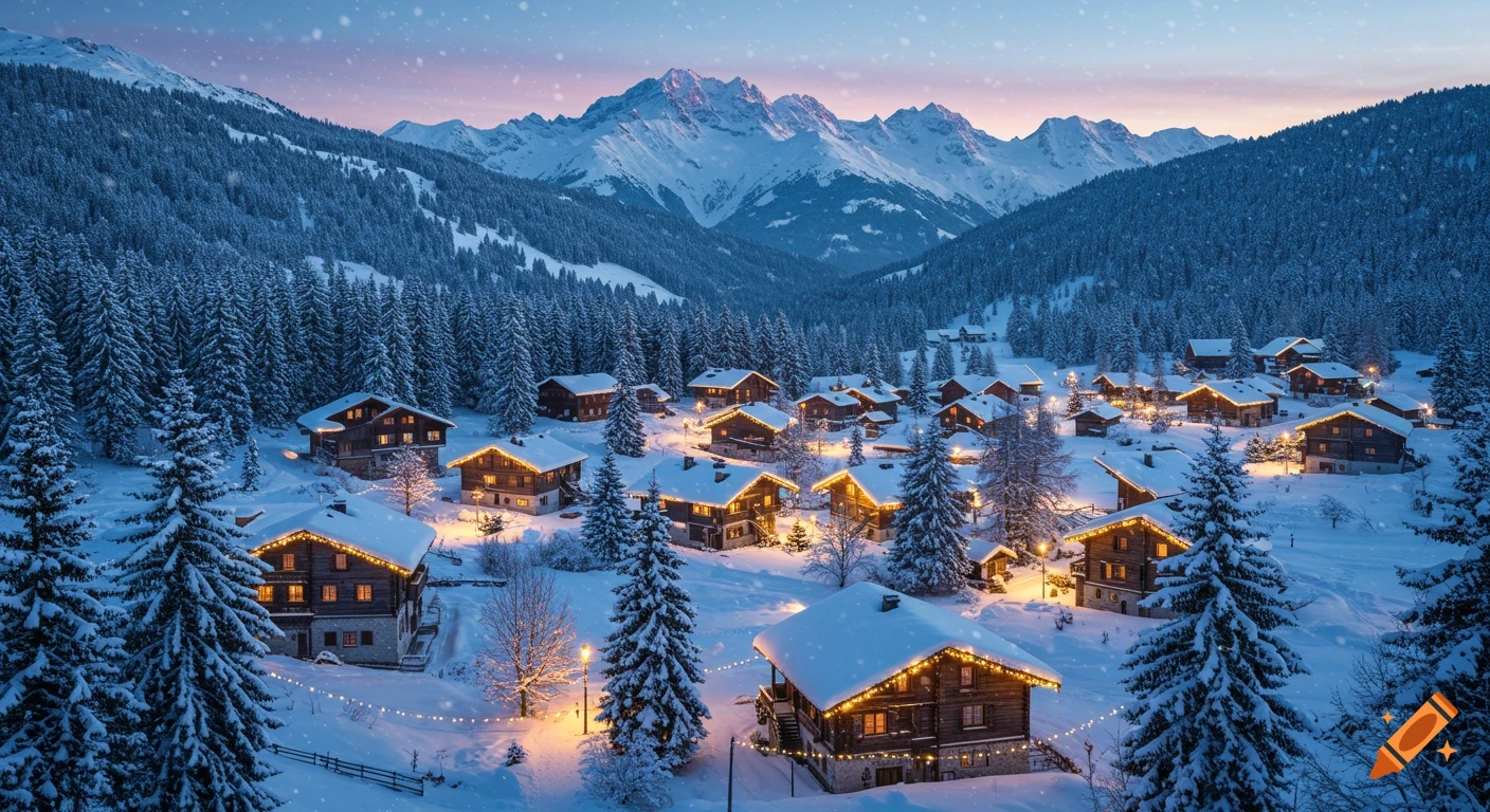 Scenic, snow-covered mountain village with warm lights glowing from houses and string lights among pine trees, falling snow.