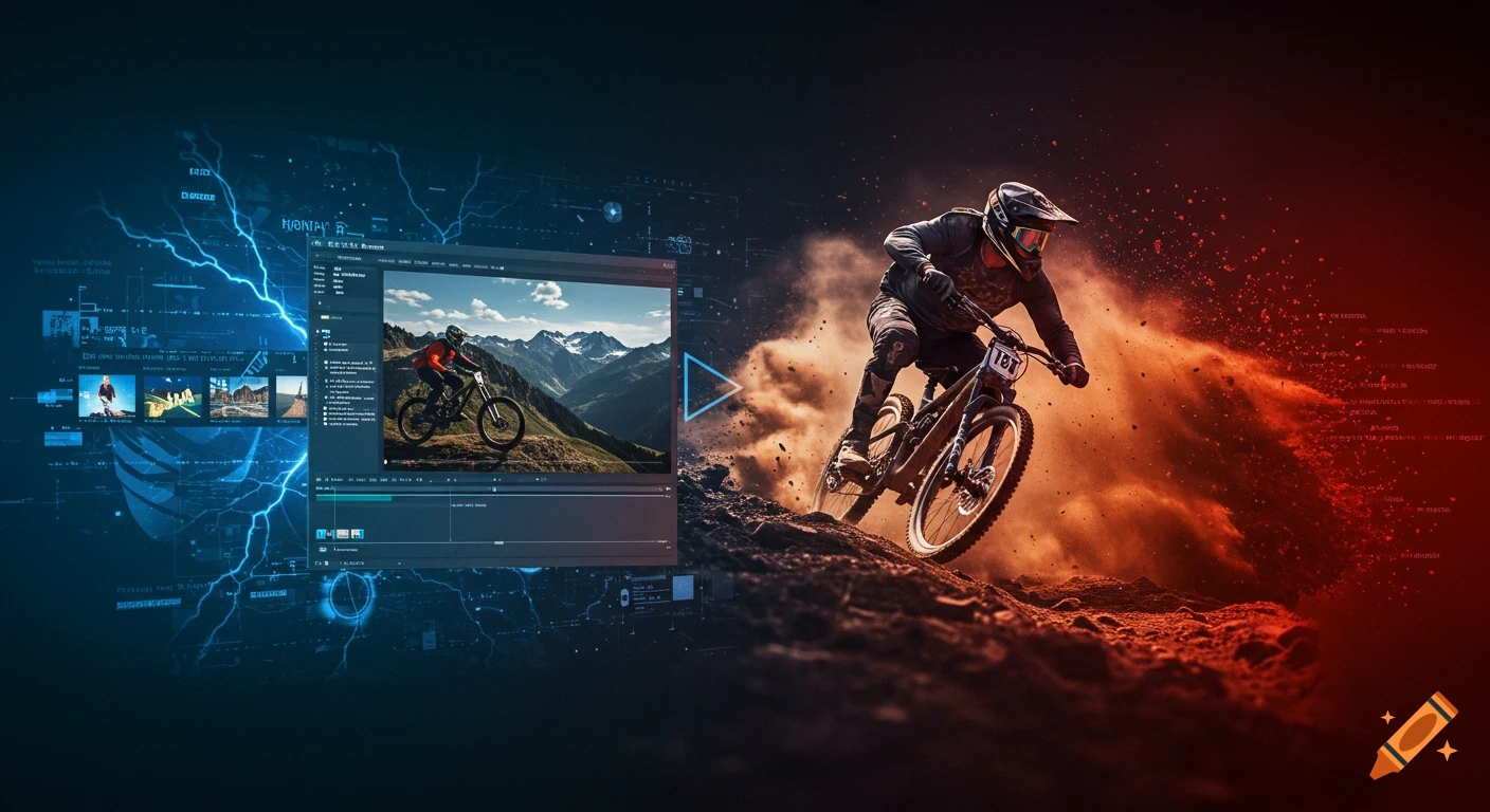 Dynamic image showing a mountain biker kicking up dirt, juxtaposed with a digital video editing interface and abstract data elements. Blue and red lighting.
