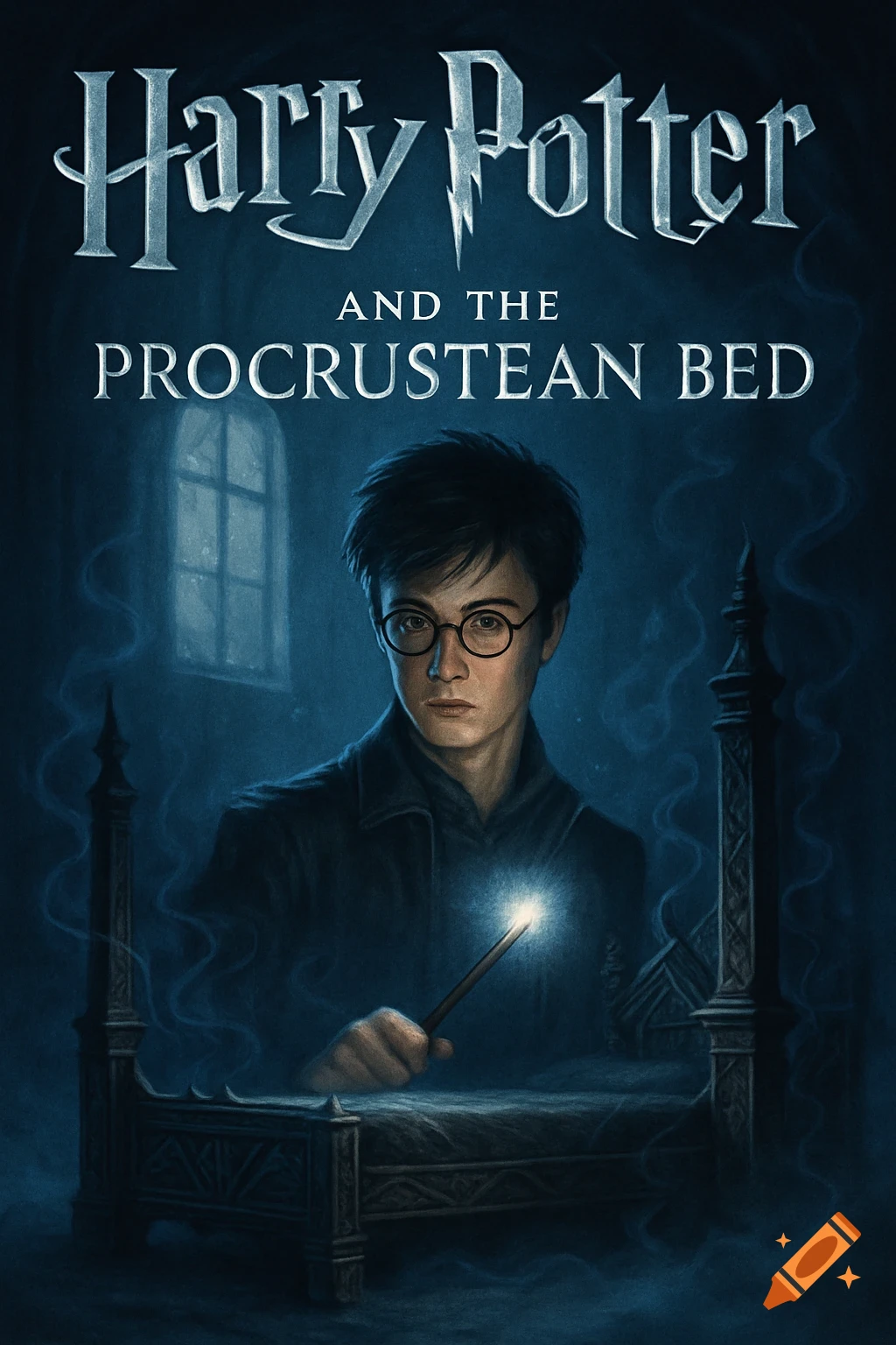 Illustrated book cover of Harry Potter in a dark room, holding a glowing wand above a bed, with the title 'Harry Potter and the Procrustean Bed'.