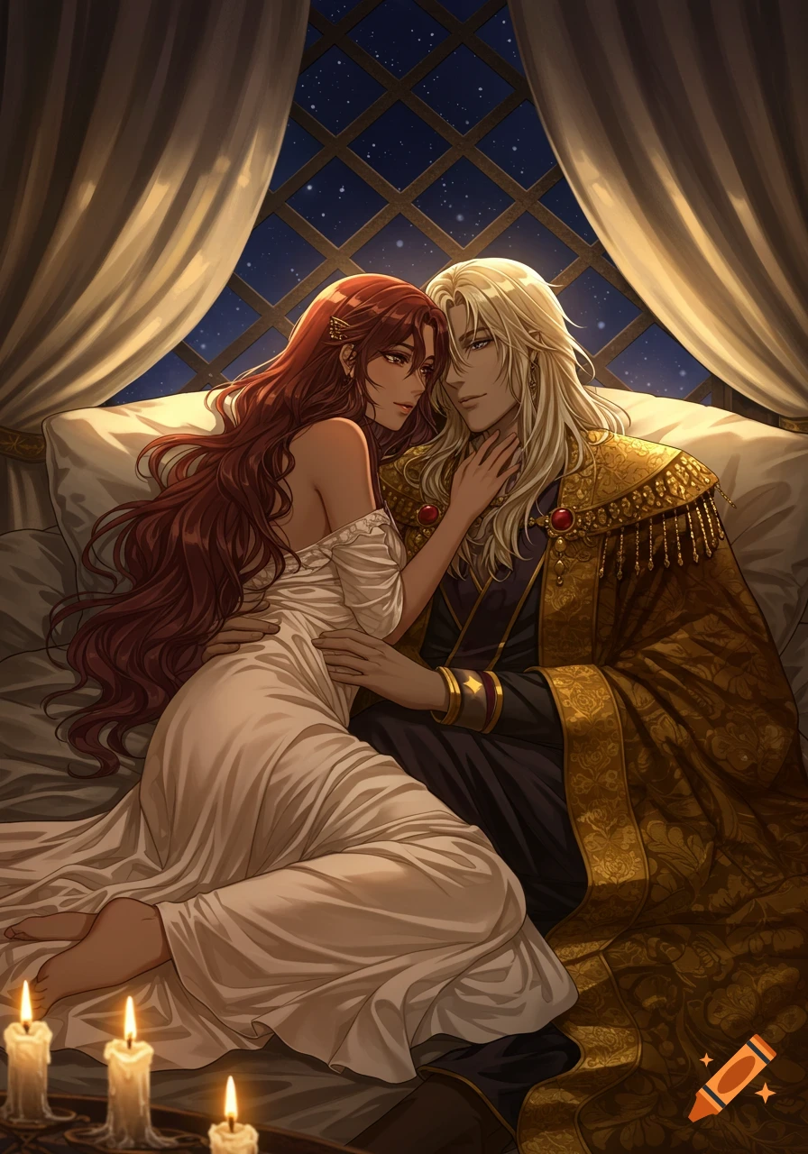 Anime couple in a romantic embrace on a bed, with a woman in a nightgown and a man in imperial robes.
