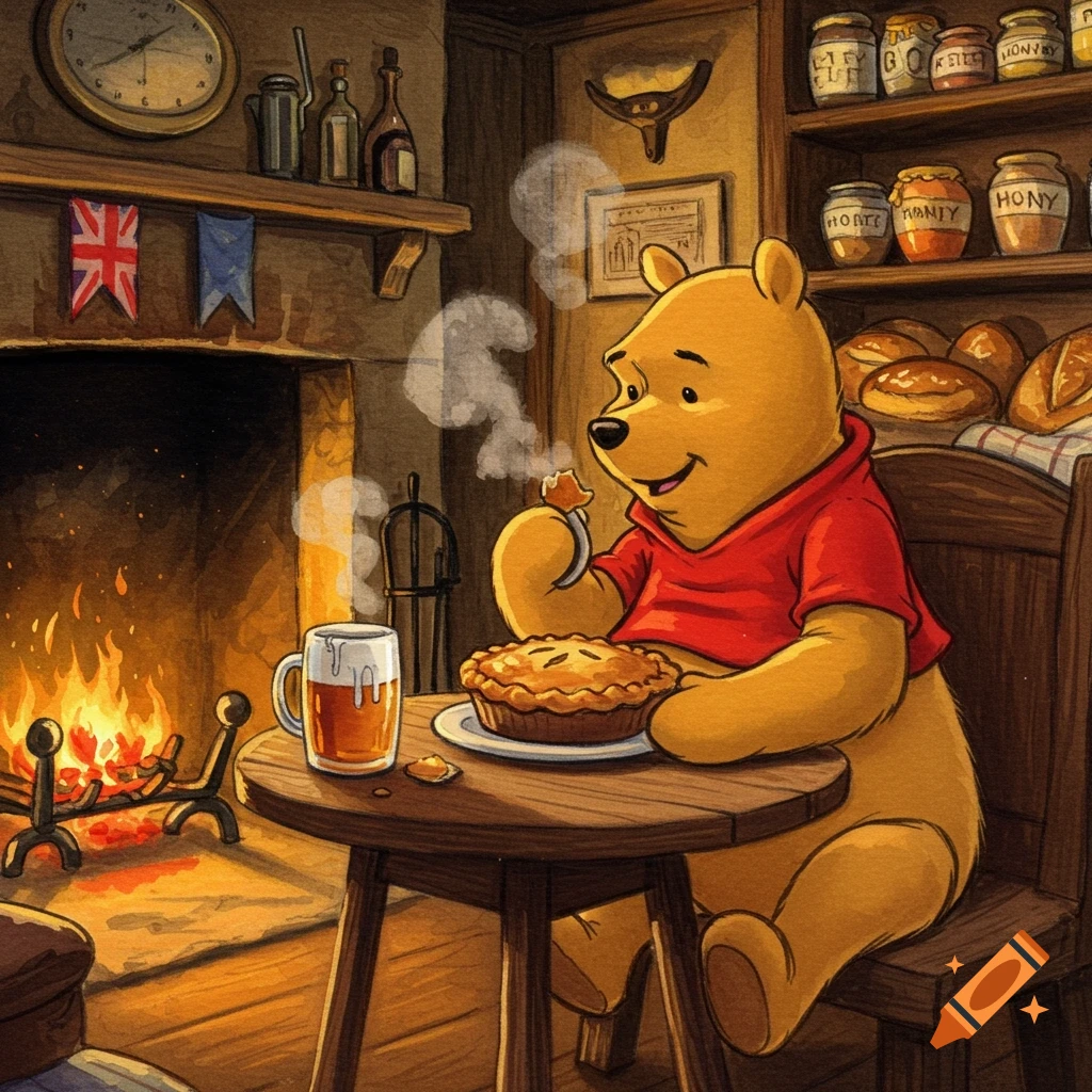 Winnie the Pooh sits at a wooden table in a rustic room with a fireplace, eating a pie with a mug of beer next to him.