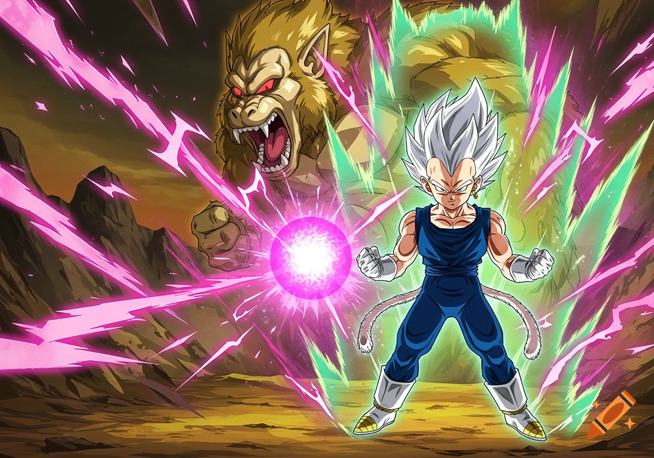 Anime art of Super Baby 2 with white hair and a blue suit, emitting energy, standing before a roaring Golden Great Ape on a rocky landscape.