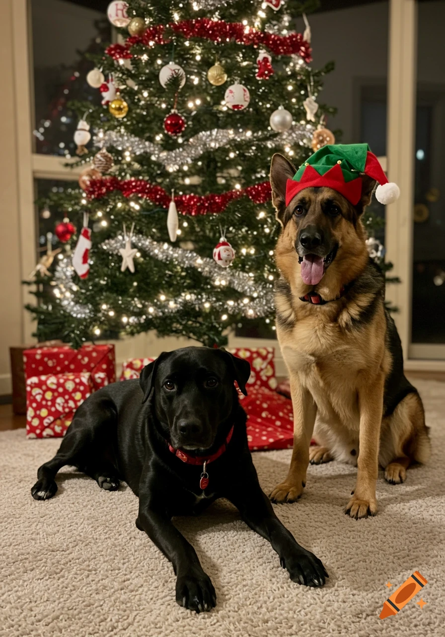 A black lab/staff mix dog lies next to a sitting German Shepherd wearing an elf hat, in front of a decorated Christmas tree and presents.