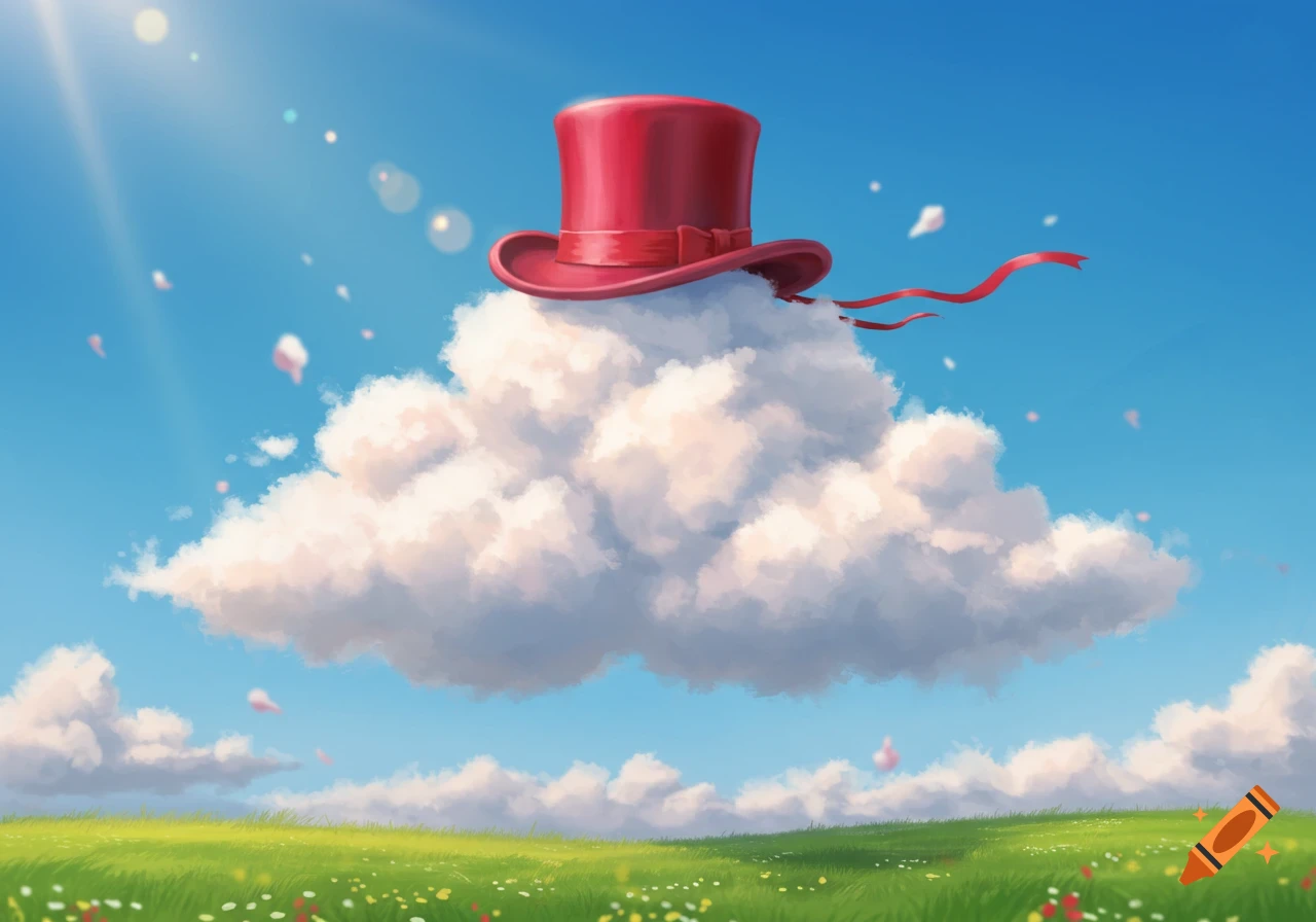 A whimsical red top hat sits atop a fluffy white cloud, floating high in a bright blue sky above a vibrant green field with small flowers.