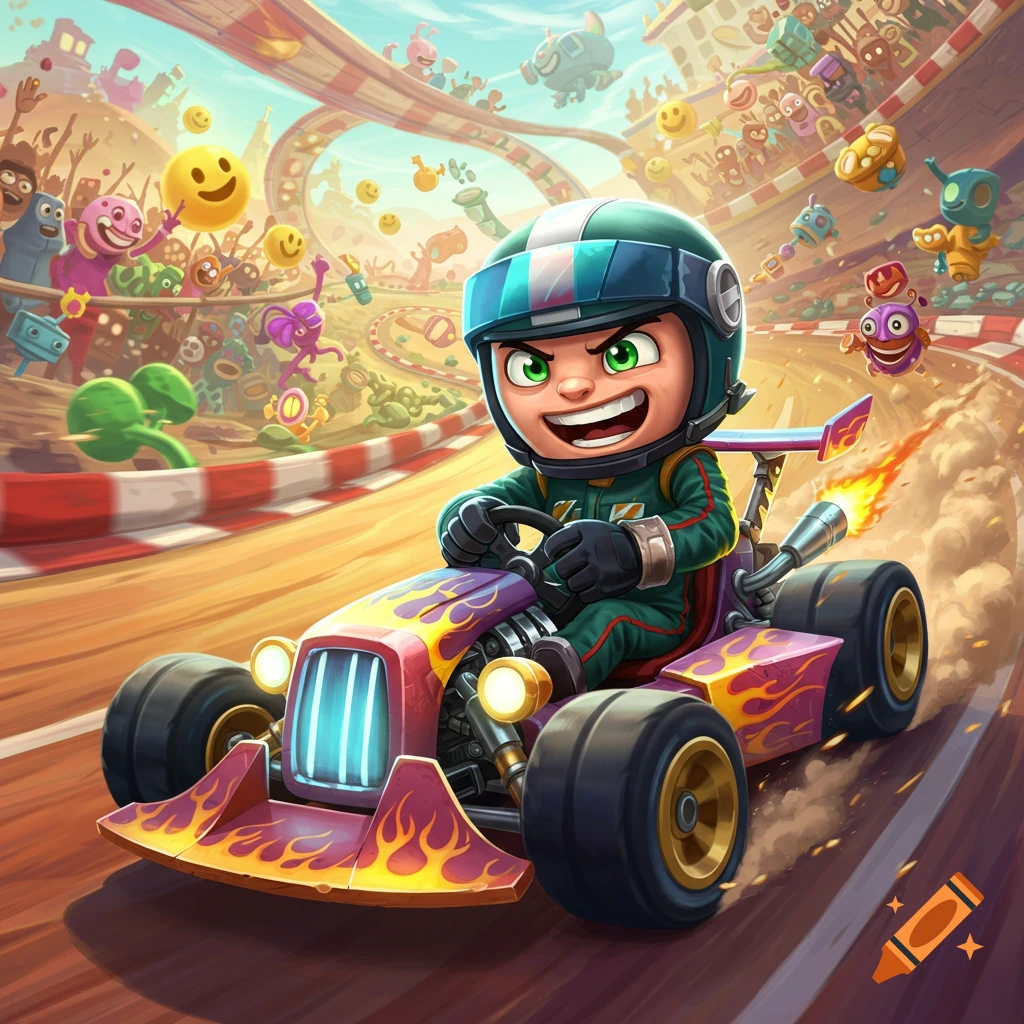A vibrant cartoon of a happy, helmeted racer driving a go-kart on a track, with stylized characters cheering in the background.