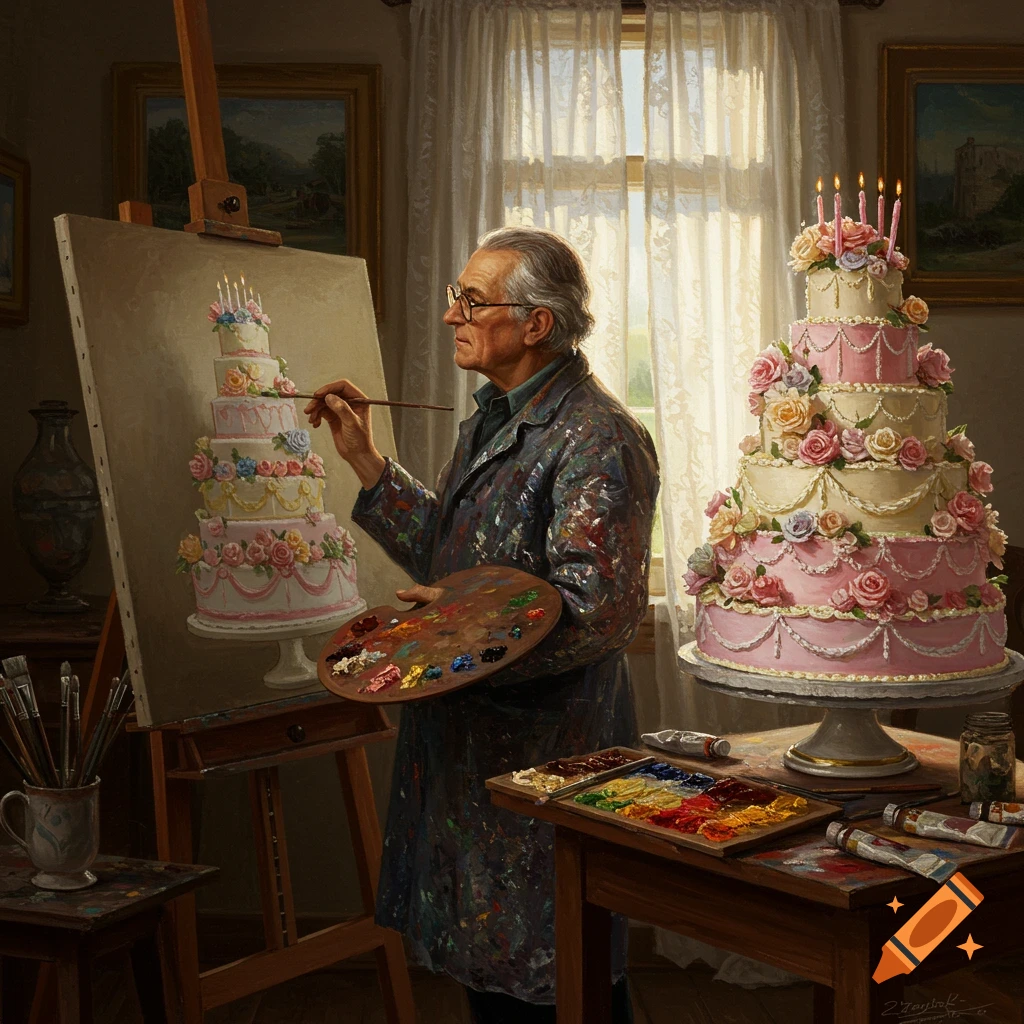 An old male painter in a paint-splattered coat paints a multi-tiered pink and white birthday cake with roses and candles in his studio.