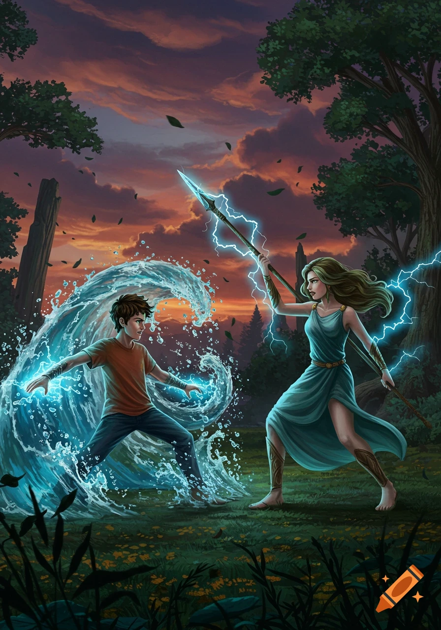 A boy conjuring a wave of water battles a girl wielding a lightning spear in a forest at sunset, digital art.