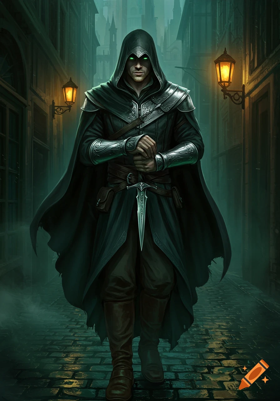 A hooded male assassin with glowing green eyes, dressed in dark robes and armor, stands in a wet, dimly lit alley holding a dagger. Digital art.