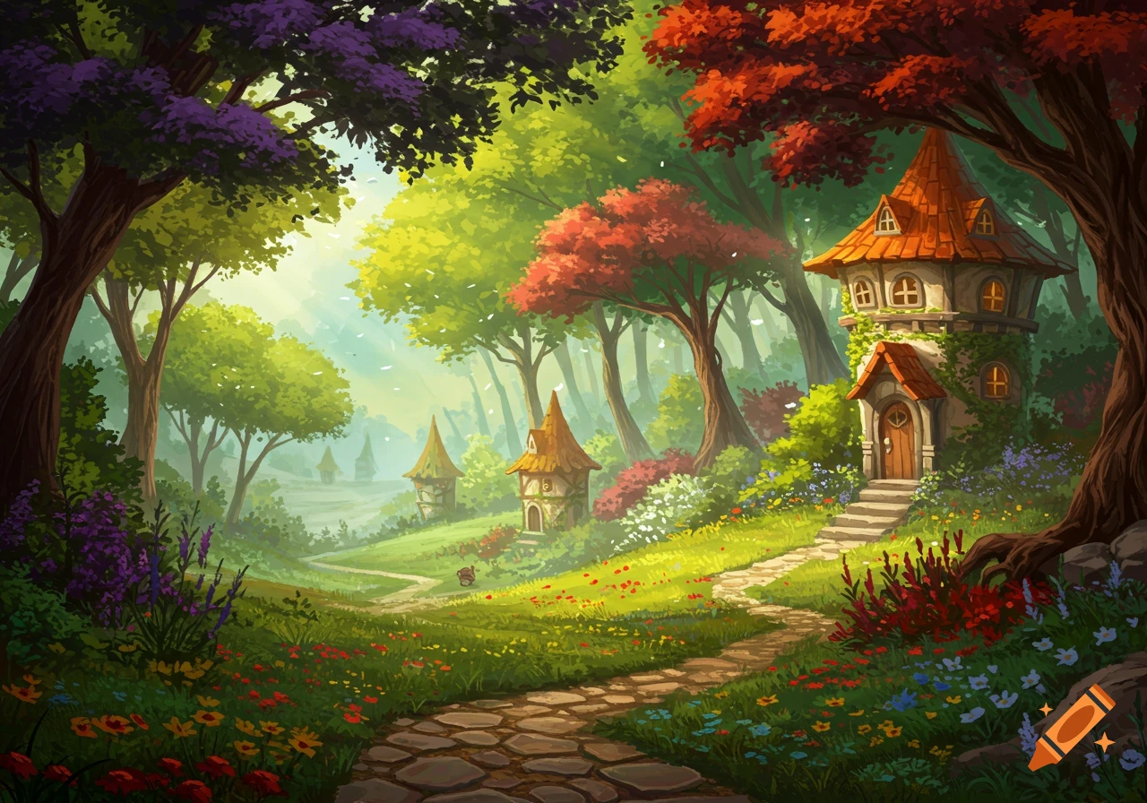 Vibrant fantasy forest landscape with a stone path leading to whimsical, conical-roofed houses nestled among colorful trees and flowers.