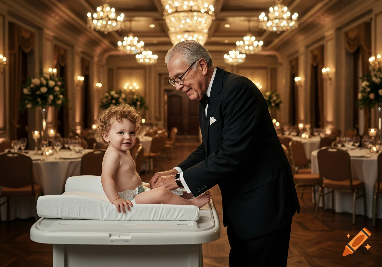 Elderly man in tuxedo changing a smiling toddler's diaper on a changing table in a luxurious banquet hall.