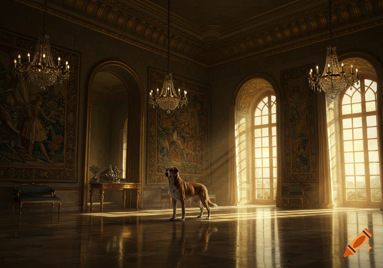 A brown dog stands in an opulent palace room, bathed in sunlight from tall arched windows, with chandeliers and tapestries.