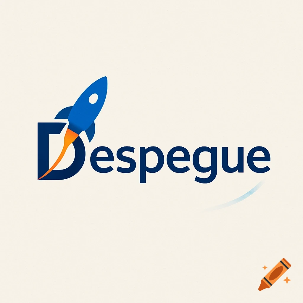 Minimalist logo for 'Despegue' with a blue rocket and orange exhaust trailing from the letter 'D' on a light background.