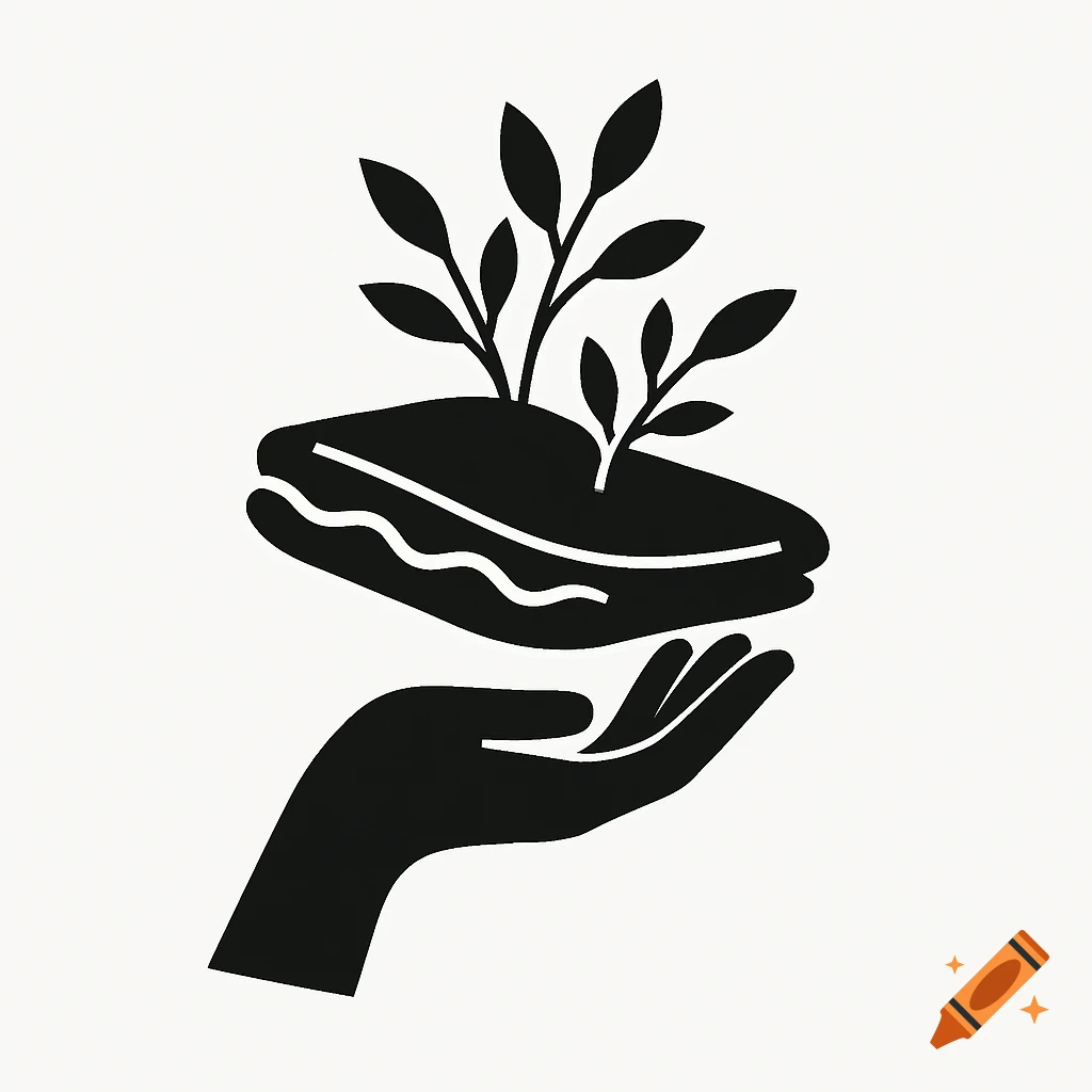 A minimalist black silhouette logo of a hand holding a stylized shell or earth mound with leafy branches growing from it.