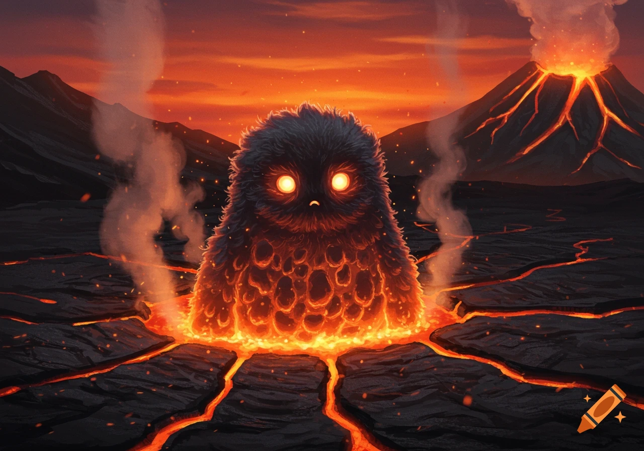 A fluffy creature made of lava emerges from cracked volcanic ground, with erupting volcanoes in the background under an orange sky.