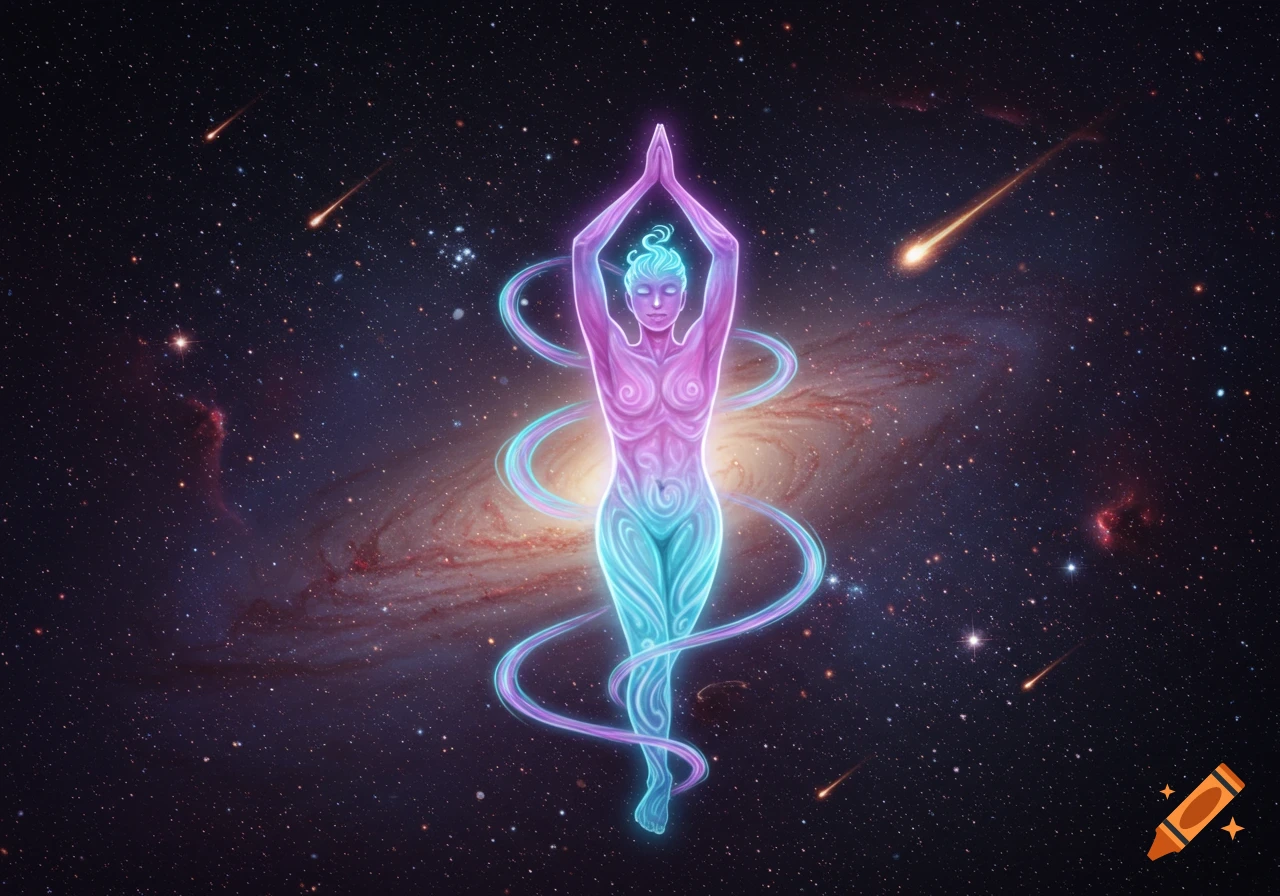 A stylized glowing ethereal figure in a yoga pose against a cosmic backdrop of a spiral galaxy, stars, and meteors.
