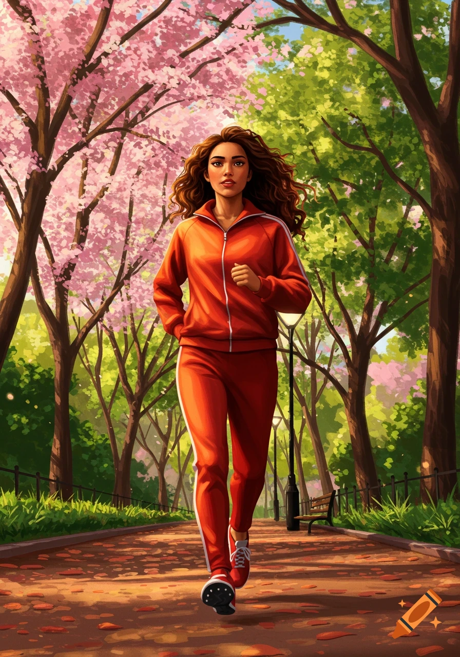 An illustrated young woman jogs through a park adorned with pink cherry blossoms and green trees.