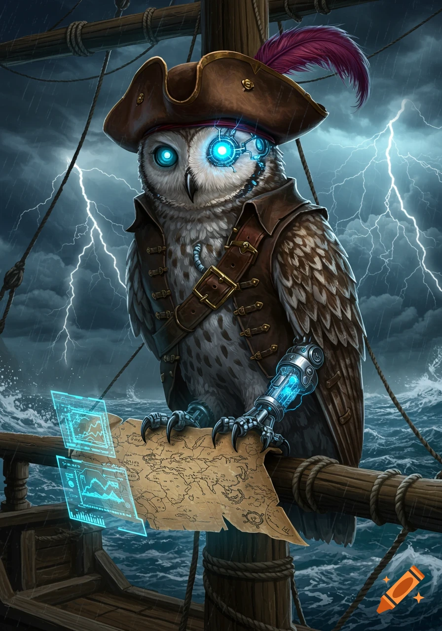 Cybernetic pirate owl in a tricorn hat on a ship during a lightning storm, holding a glowing map with holographic data.