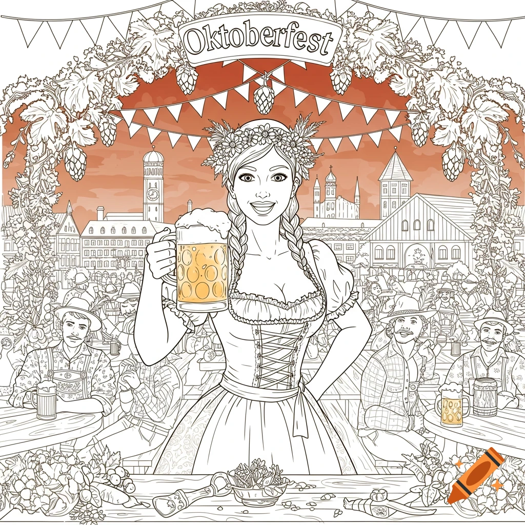Line art coloring page of a woman in a dirndl holding a beer mug at Oktoberfest, with a city skyline and people in the background.