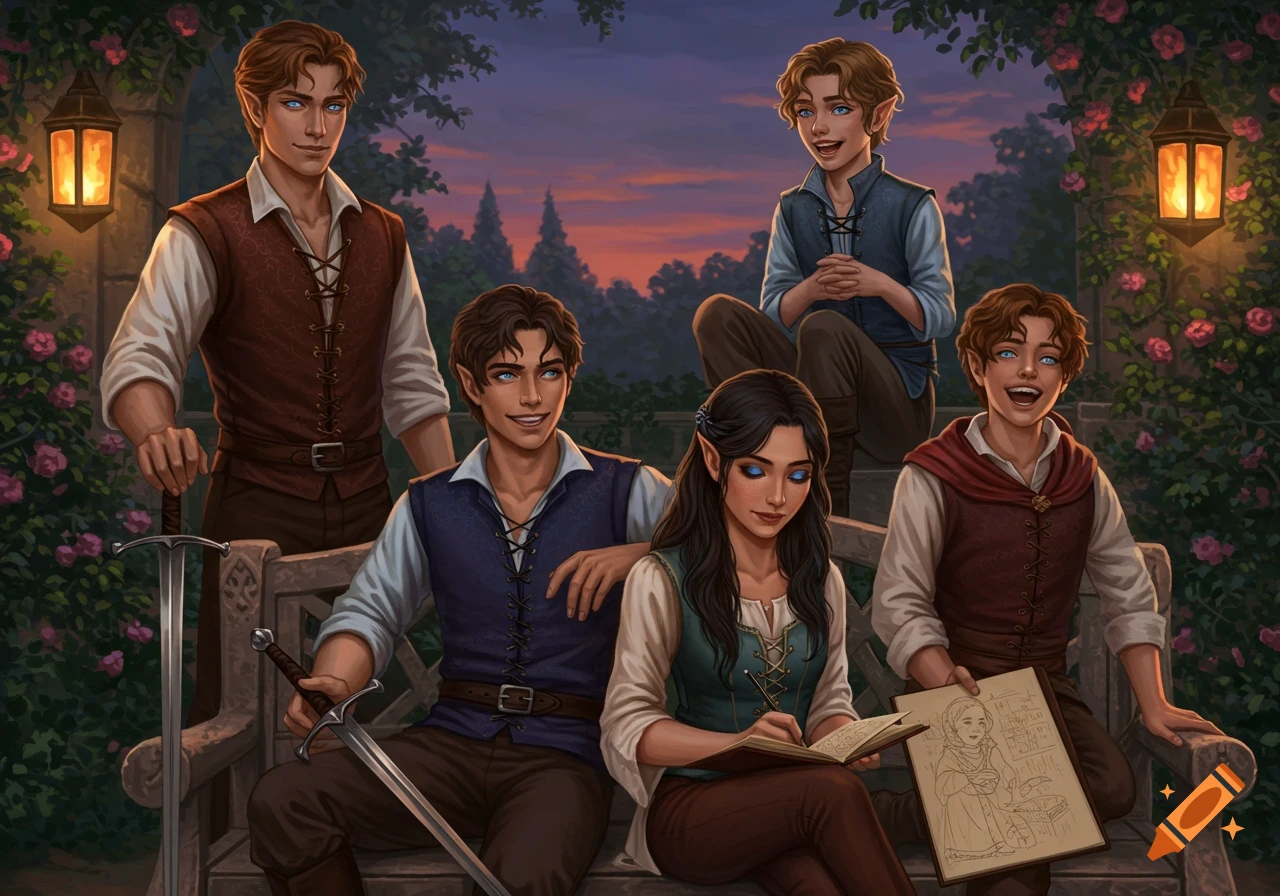 Five elf-like siblings, four males and one female, pose in a fantasy garden at dusk. Some hold swords, one sketches, others smile and laugh on a stone bench.