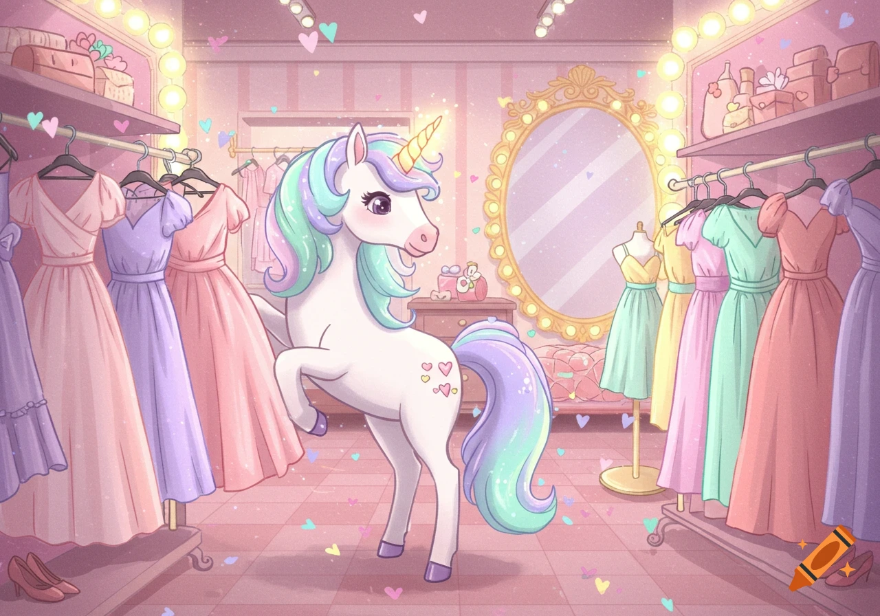 A cute cartoon unicorn in a pastel pink dressing room with racks of colorful dresses and a large ornate mirror.