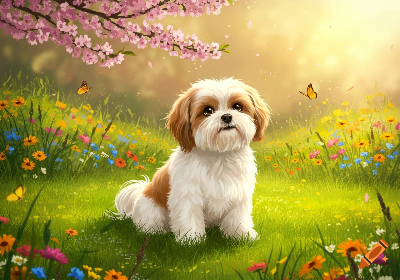 A cute Shih Tzu puppy sits in a vibrant meadow filled with colorful wildflowers, under a cherry blossom tree with falling petals. Stylized illustration.