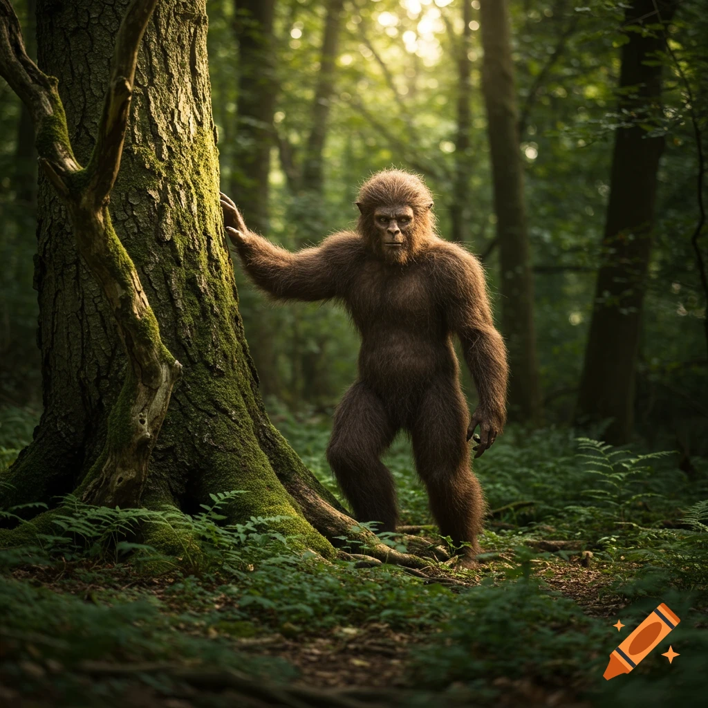 A photorealistic depiction of a hairy woodwose, a wild humanoid, standing by a moss-covered tree in a sunlit forest.