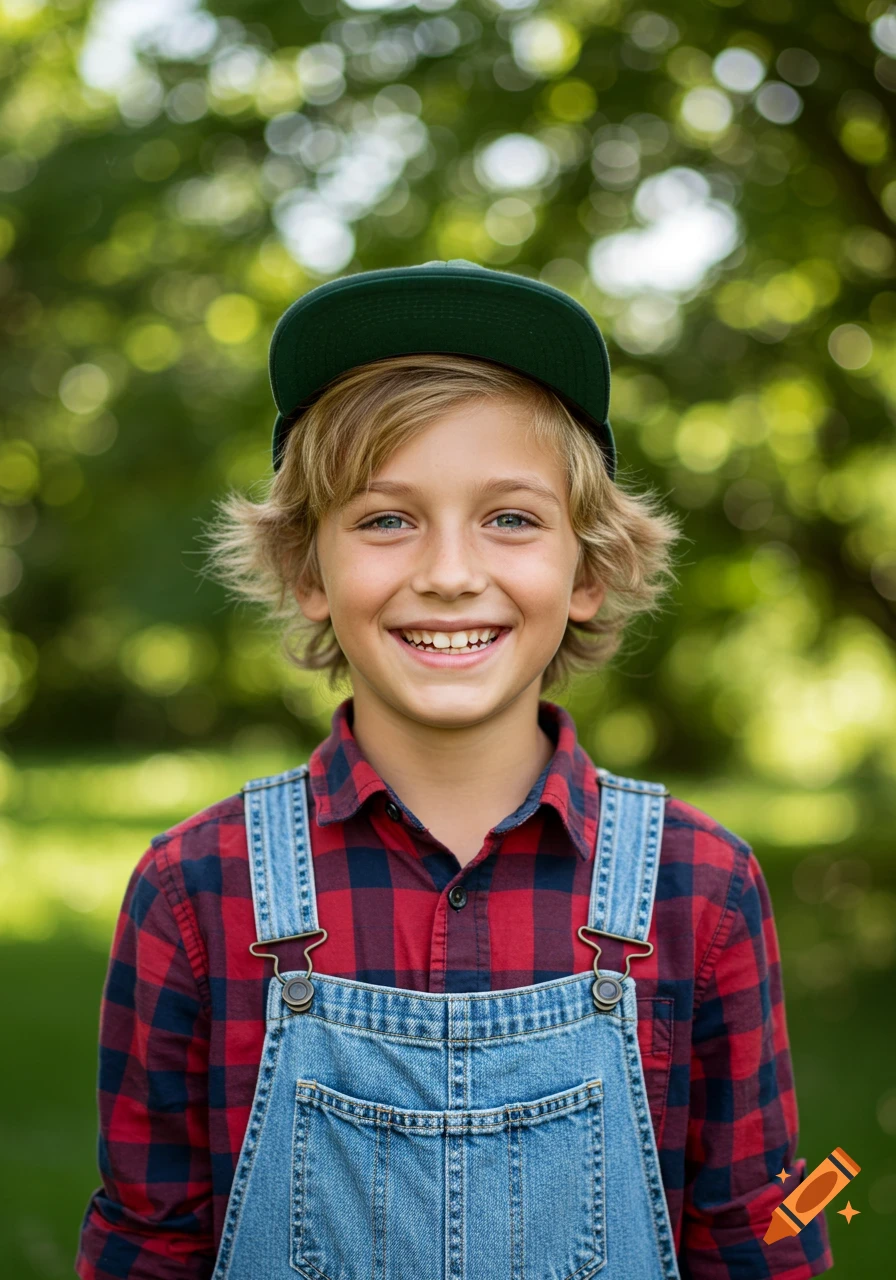 A young boy with blonde hair and blue eyes, wearing a green cap, plaid shirt, and denim overalls, smiles outdoors.