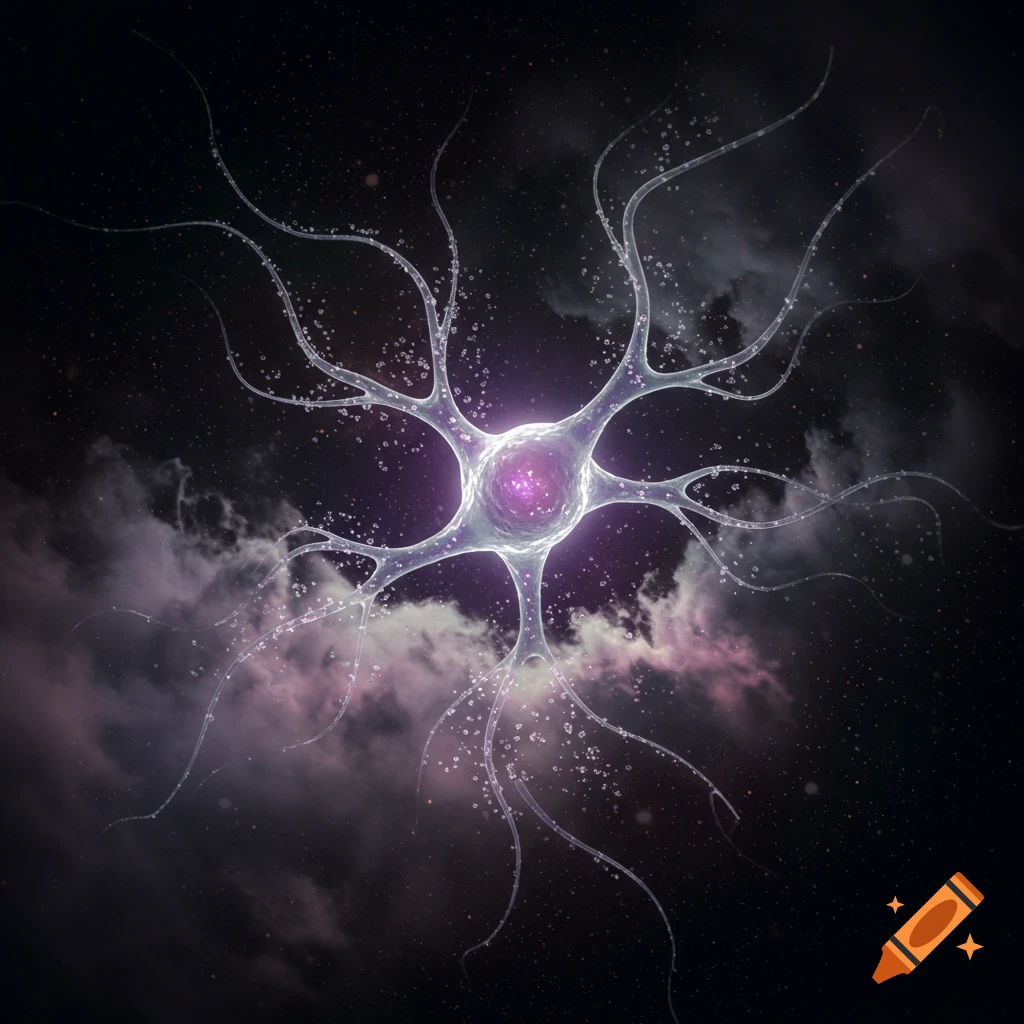 A translucent neuron with a glowing purple core and branching dendrites, against a dark, cloudy, cosmic background.