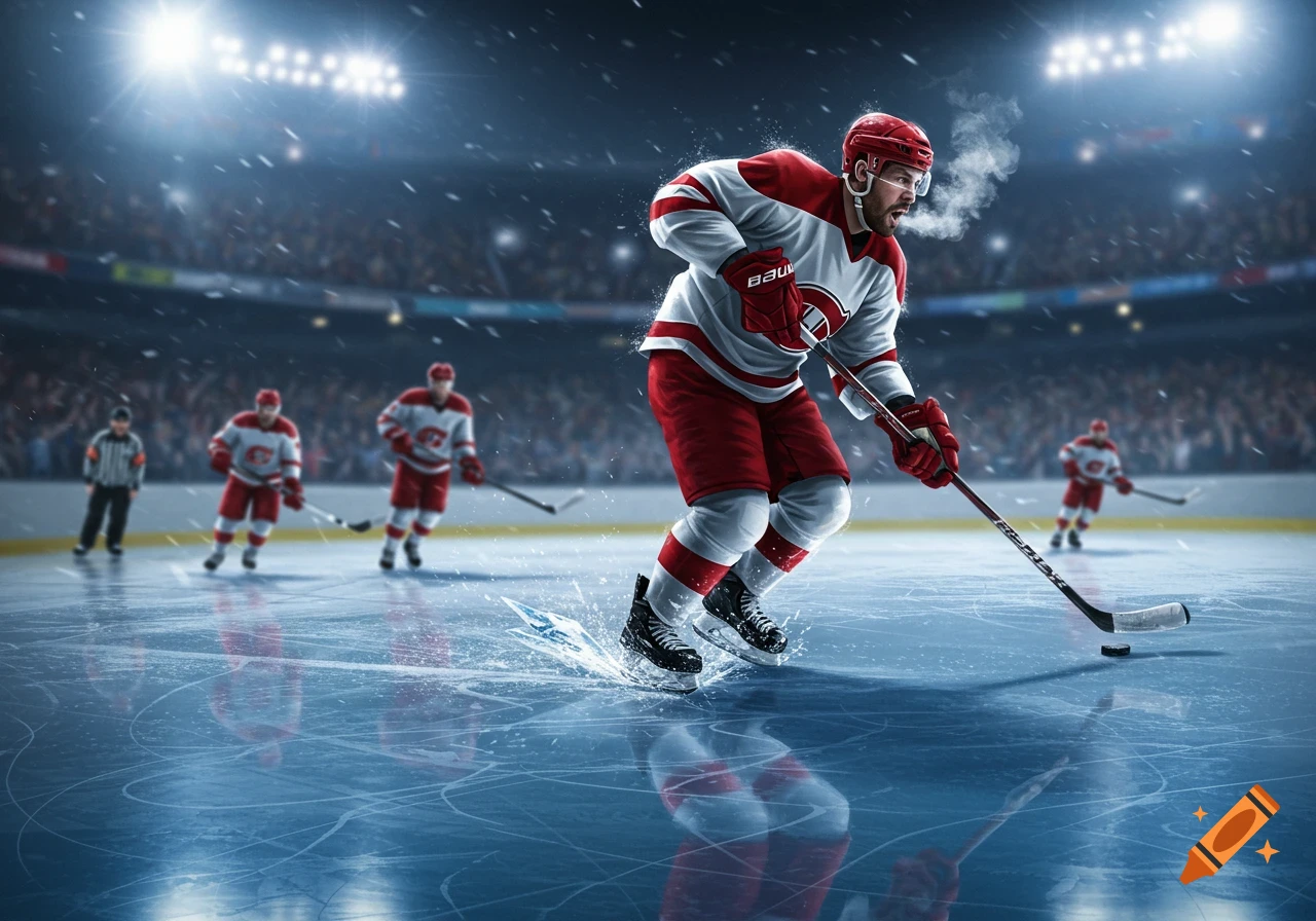 Photorealistic hockey player in red and white jersey skates powerfully on an ice rink with a puck, steam from breath, and stadium lights.
