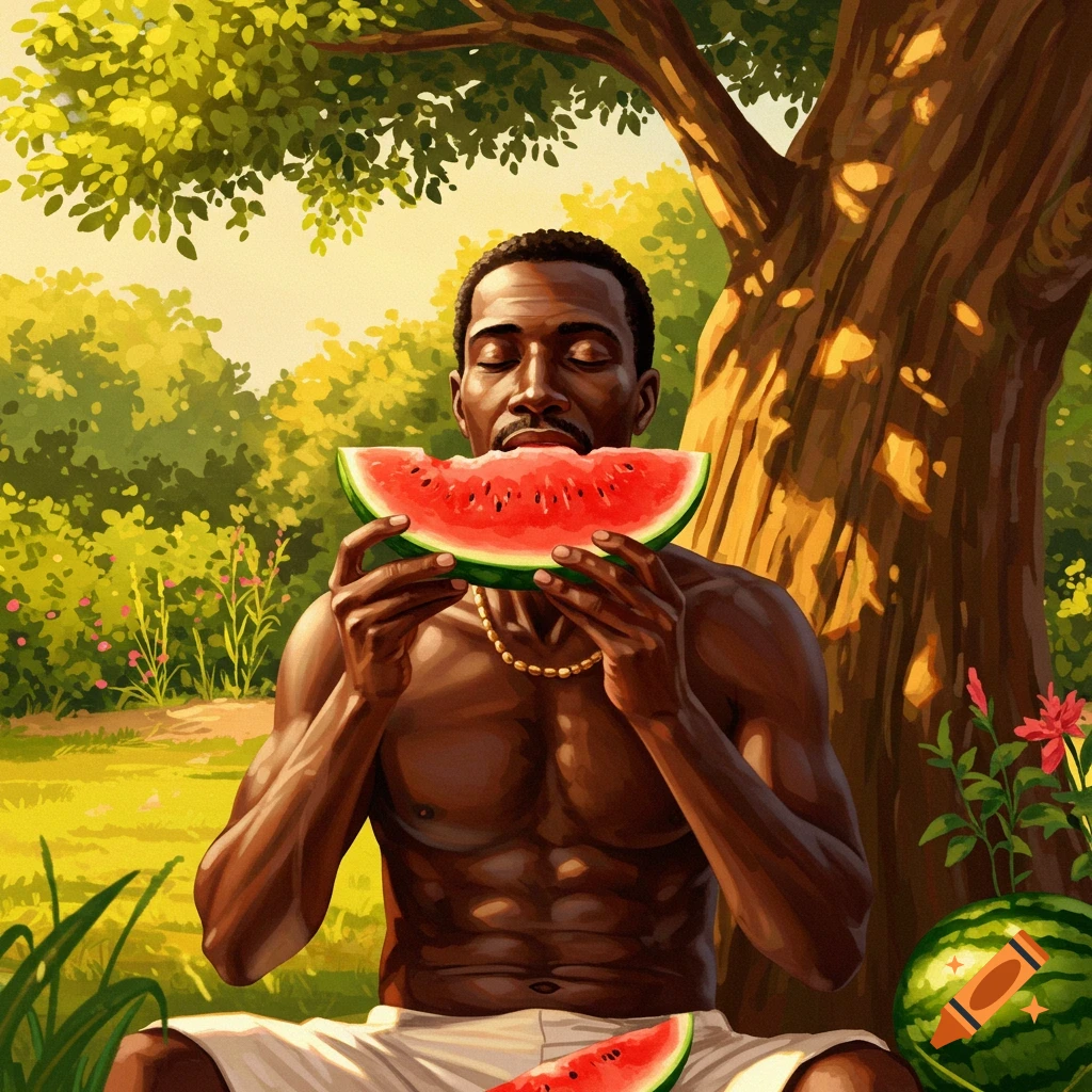 An illustrative painting of a shirtless Black man in white shorts eating a large slice of watermelon under a tree in a sunny, green landscape.