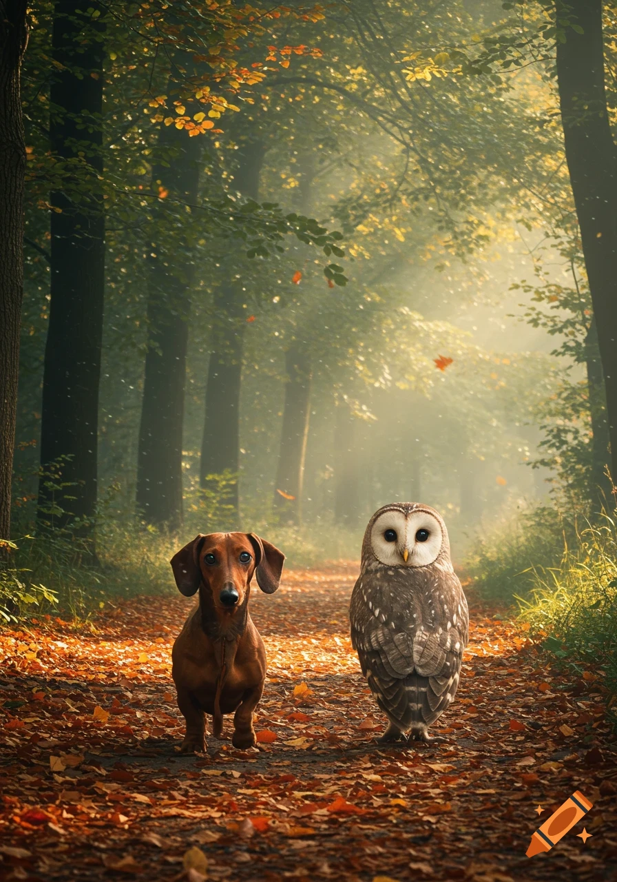 A dachshund and an owl stand on a leaf-covered path in an autumn forest with sun rays shining through the trees.