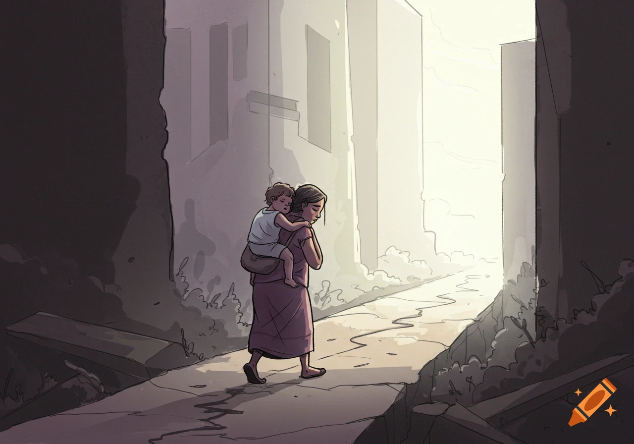 Comic-style illustration of a tired woman carrying a sleeping child on her back, walking on a cracked path through a desolate, shadowy street.